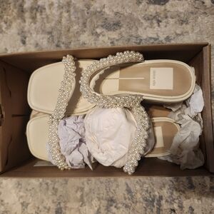 Dolce Vita Pearl-Embellished Cream Slide Sandals